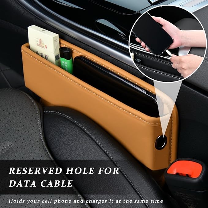 Kewucn Car Seat Gap Organizer, Adjustable Leather Front Seat Gap Filler Storage Box, Multifunctional Auto Console Side Pocket Organizer for Phone Glasses Key Card, Car Accessories (Khaki)