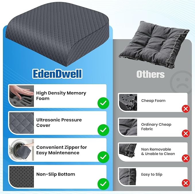 Seat Cushion for Office Chair, Memory Foam Chair Cushions, Car Seat Cushion for Long Sitting, Desk Chair Cushion for Pressure Relief, Non-Slip Bottom, Washable Cover, Large, Grey