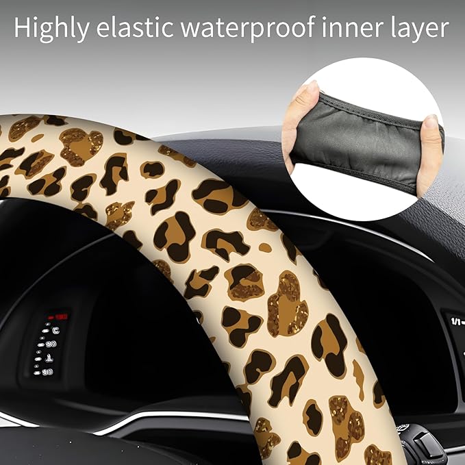 Steering Wheel Covers for Car, Truck, and SUV, Cute Non-Slip Breathable Elastic Steering Wheel, Car Accessories, Universal 15 Inch Leather Cover for Men Women Brown Leopard