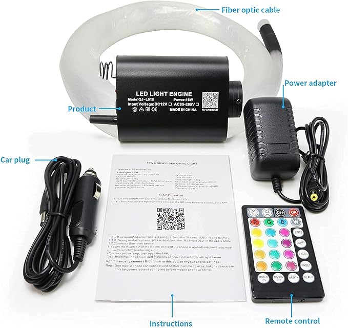 AMKI 16W Fiber Optic Lights,Starlight Headliner Light Kit APP/Remote Control Sound Activated Mode for Car&Home Decoration,Optical Fiber Cable Strands 0.75mm/0.03in 6.5ft/2m 300pcs