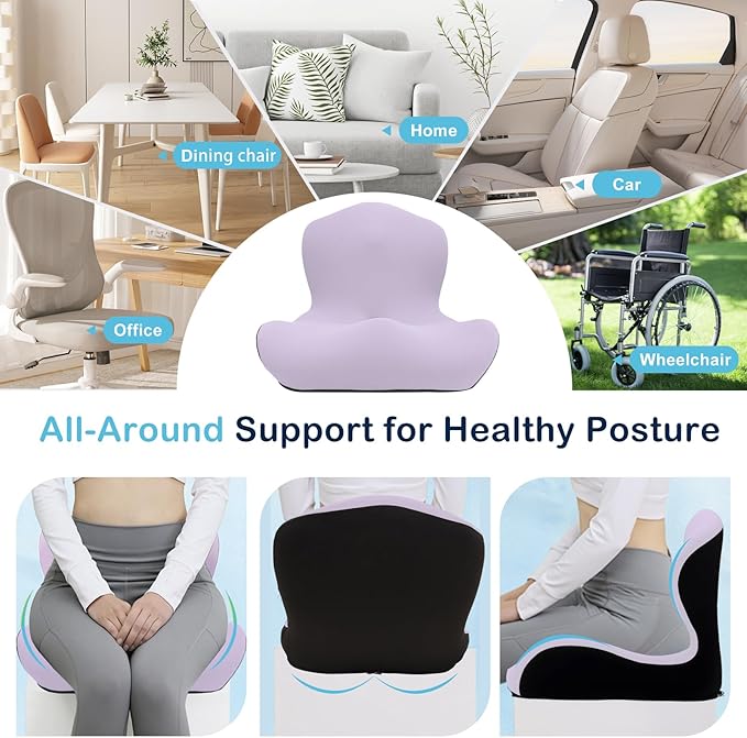 Seat Cushion for Office Chair and Car, L-Shaped Ergonomic Car Seat Cushions, Memory Foam Chair Cushion, Lumbar Support Pillow for Wheelchair, Car, Home, Office, Purple
