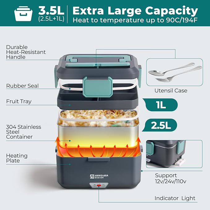 Annie & Mia Design Electric Lunch Box for Adults, 100w 3.5L 2-Layer Portable Food Warmer, Dual Mode 2.5L + 1L Heated Lunch Box for Adults, Home/Car/Office/Truck Use, Lonchera Eléctrica Portátil