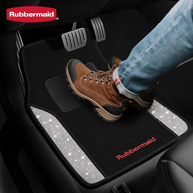 Rubbermaid Bling Car Mats, Carpeted Floor Car Mat with Faux Leather & Built-in Heel Pad, Two-Tone Car Rug Floor Mats, Stylish Carpeted Floor Mats for Cars, Trucks & SUVs Glitter Sliver Color