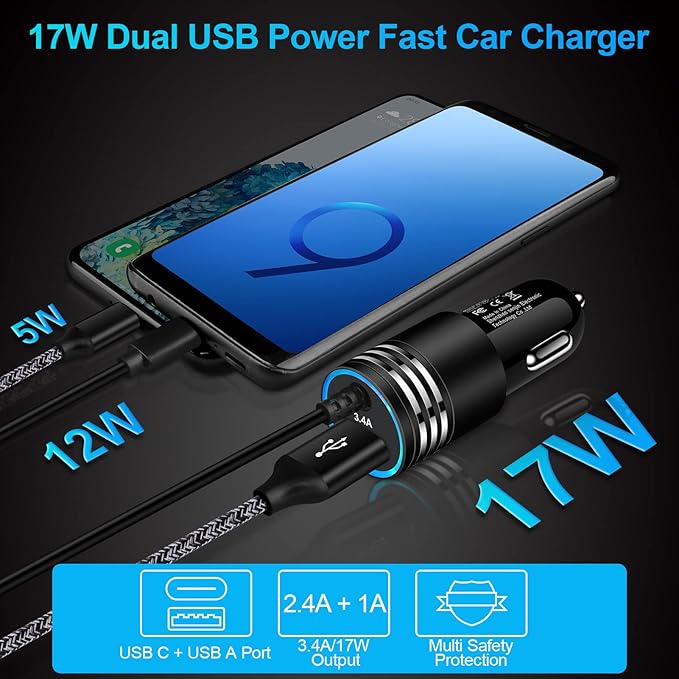 Android Car Charger Type C Samsung Car Charger Fast Charging for Samsung Galaxy S26/S25/S24/A57/A37/A17/A56/A36/A26/A16/A15/A14/A54/A53 5G/A13/S23/S22/S21/S20/Z Flip7,3.4A Car Adapter+3ft USB C Cable