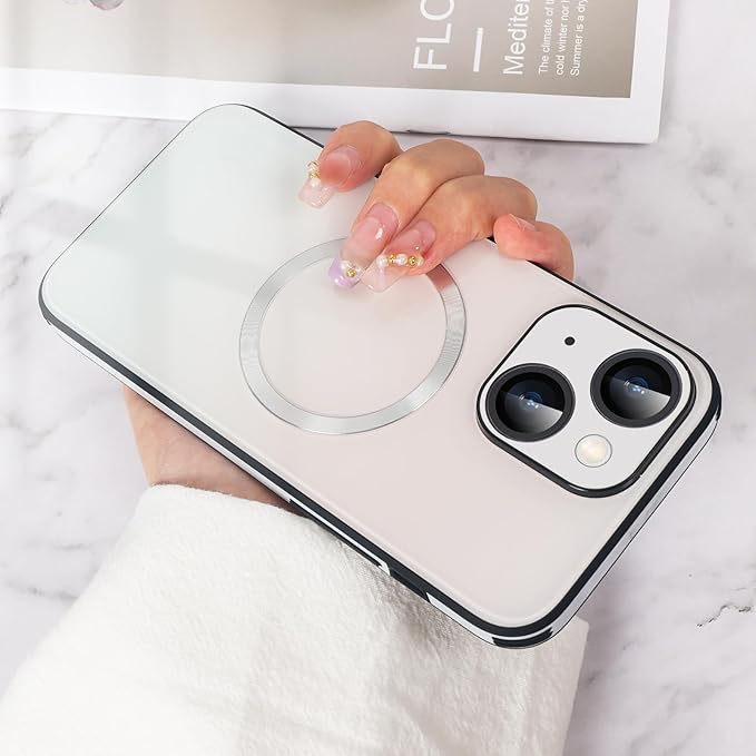 Guppy Compatible with iPhone 15 Case Magnetic, with Full Camera Lens Protector [Compatible with MagSafe] Scratch Resistant Gradient Glass Back Cover Phone Case-White