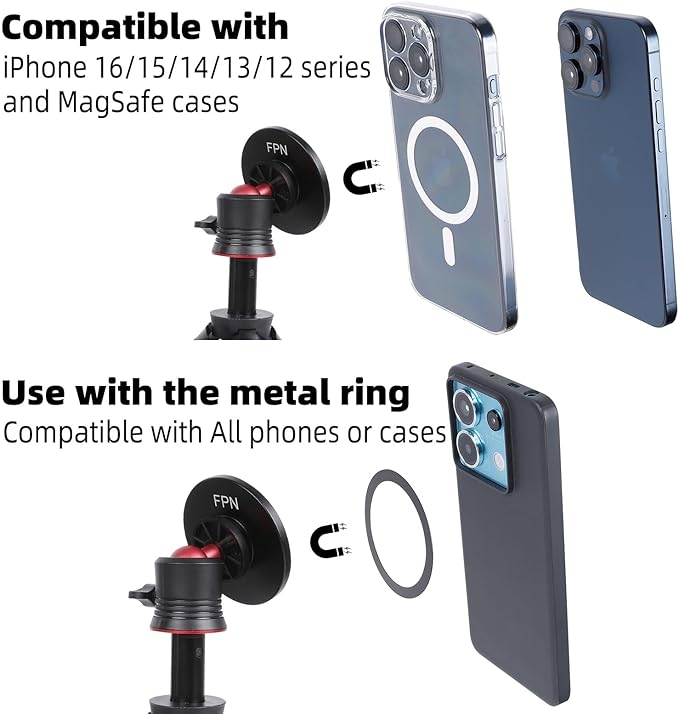 Aluminum 1/4" Mount for MagSafe, Magnetic Phone Tripod Mount Adapter Compatible with iPhone 16 Pro Max 15 Plus 14 13 12 Max Mini, Selfie Stick, Live Broadcast Tripod