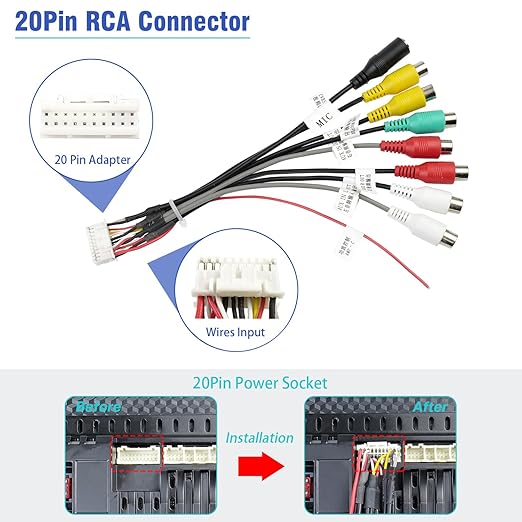 20Pin Android Car Stereo RCA Wiring Harness Adapter with 8 Female Radio RCA Connector Video CVBS AUX SUB MIC Plug Assembly
