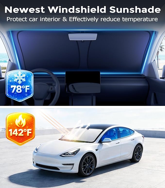 DMJN Windshield Sun Shade - Large, Car Sunshade for Front Windshield [100% Efficient Block UV & Scorching Sun] UPF50+ Heat Block - Protect Interior & Keep Cooler