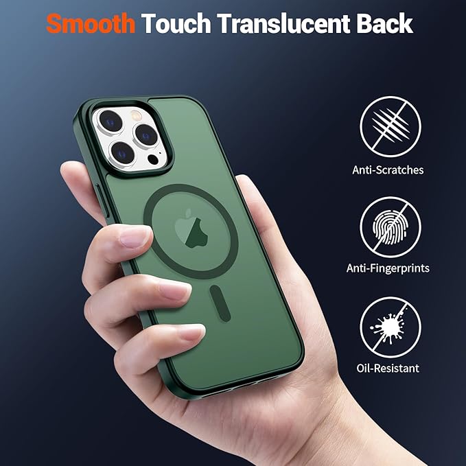 SUPFINE Magnetic for iPhone 15 Pro Case (Compatible with MagSafe) (Military Grade Drop Protection) Slim Translucent Matte Shockproof with Anti-Fingerprint Phone Case,Forest Green