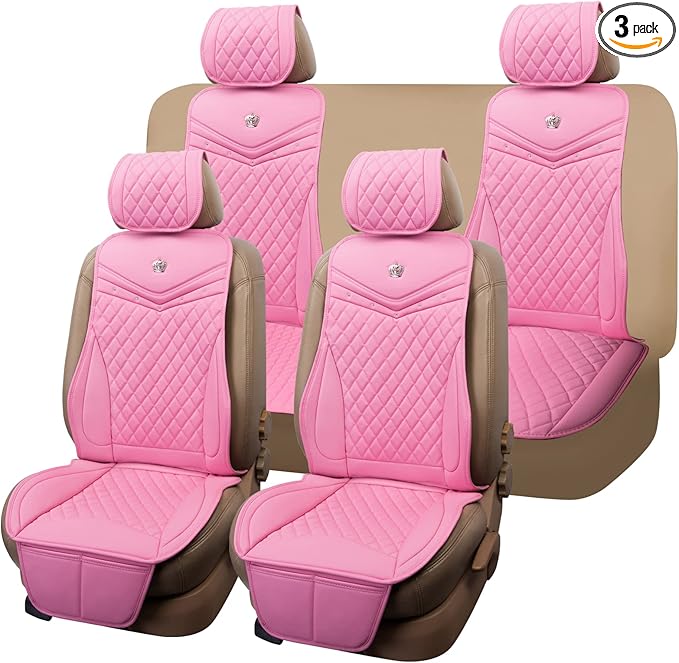 Flying Banner car seat Covers seat Cushions Luxe Fit Faux Leather Easy Installation Vehicles Non Slip Premium (Solid Pink, Full Set)