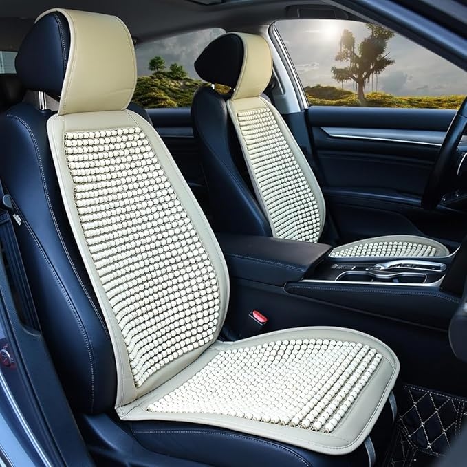 Blueshyhall Cooling Wooden Beaded Car Seat Cover Comfortable Massage Support Cushion for SUV Auto Office Home Seat Chair - Beige 2 Pcs