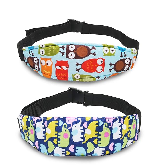 Baby Carseat Head Support,Car seat Straps Pillow Support Ban,Stroller Neck Relief Strap Headrest,Slumber Sling Sleep Positioner for Toddler Infants Child Children Kids（Blue Elephant + Owl）