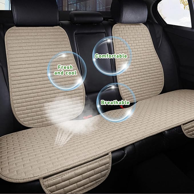 Car Back Seat Cover, Anti-Slip Automotive Long Rear Seat Protectors with Storage Pocket, Breathable Comfortable Back Seat Cushion Pad Mat, Universal Car Accessories (Back Beige)