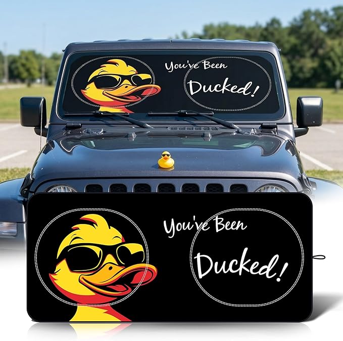 63"x28.5" Car Windshield Sun Shade with Storage Pouch, Stylish Printed Front Window Sunshade with Double Ring Frame, Universal Fit Foldable Heat Blocker & UV Protector for SUV, Sedan (Duck)