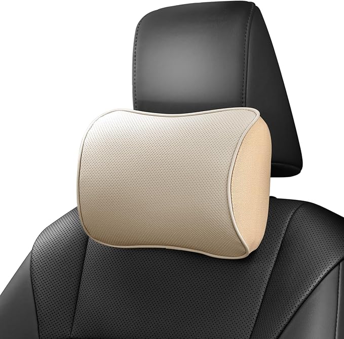 Car Headrest Pillow, Soft Memory Foam Car Neck Pillow with Adjustable Strap, Removable Breathable Cover for Long Drives & Office (Beige, Pack of 1)