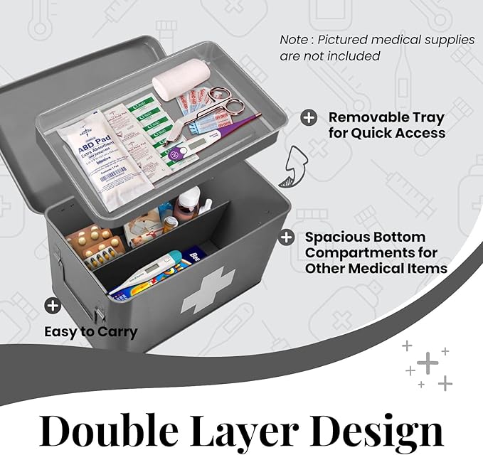 Flexzion Vintage First Aid Kit - 13" Gray Metal Box with Dividers, Removable Tray and White Cross Logo