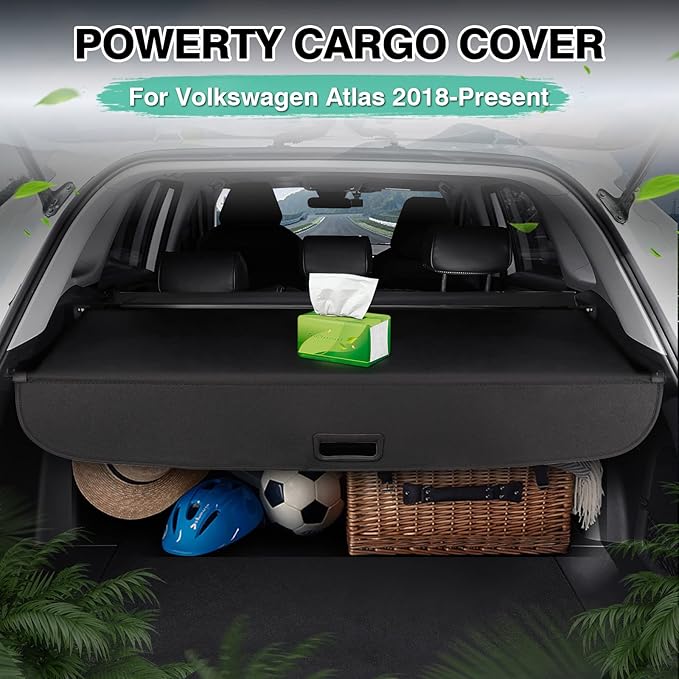 Powerty Retractable Cargo Cover for 2018-2024 VW Atlas(NOT for Cross Sport), Canvas Texture Trunk Cover Privacy Screen Rear Security Shade for Volkswagen Atlas Accessories(with Extented Cover)