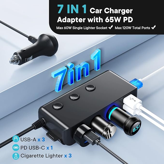Cigarette Lighter Adapter,Cigarette Lighter Splitter 3-Socket with PD 65W Port 8.5A 4 Car USB Charger Multi Port 120W 24V/12V Splitter DC Outlet with Voltage Display, Car Accessories