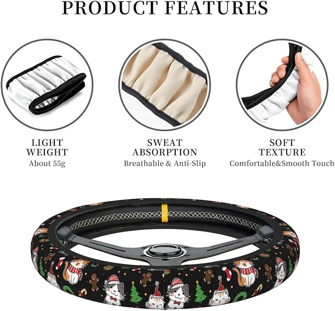 Christmas Cat Steering Wheel Cover Women 15 inch Anti-Slip Sweat Absorption Steering Wheel Covers Cute Car Accessories Decor Car SUV Sedan Vans Truck Protector
