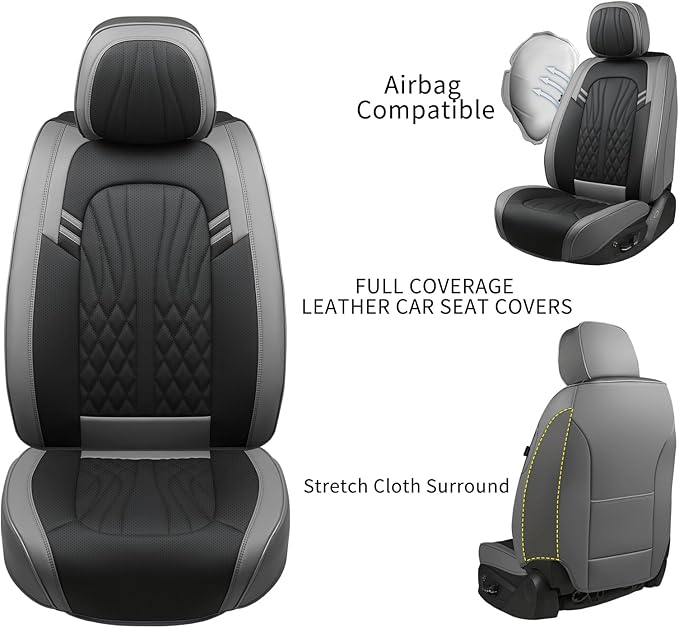 Leather Car Seat Covers,Breathable and Waterproof Faux Leather Automotive Seat Covers for Cars SUV Truck Sedan,Universal Driver Seat Cover Grey&Black