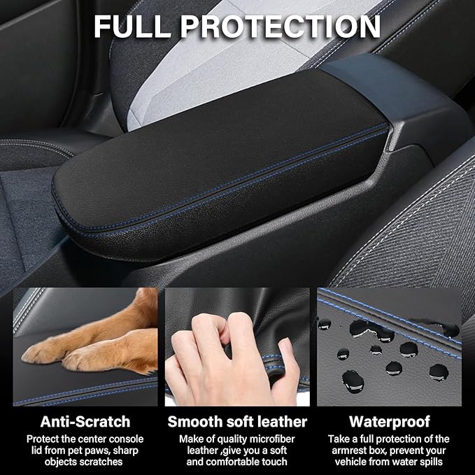 Console Cover for 2024 2025 2026 Chevrolet Trax (LS/1RS/LT/2RS/ACTIV) Leather Center ArmRest Box Cover Pad 2024 2025 2026 Chevy Trax Accessories Protector Cushion (Blue Stitches)
