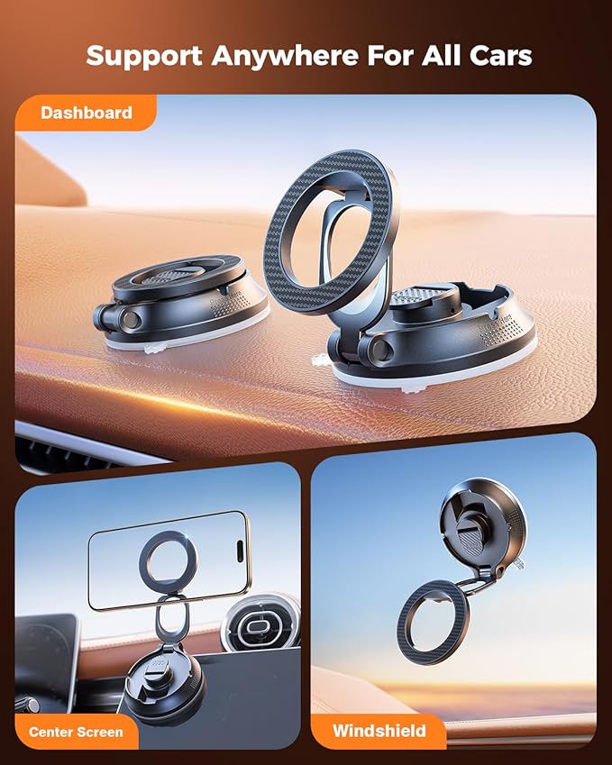 SUPERONE Magnetic Suction Cup Phone Holder for Magsafe, [88+LBS Ultra Grip & 2800gf Magnetic Power] 360° Adjustable Car Phone Mount, Cell Phone Holders for Your Car for iPhone 17 16 15 14 13 12 Series
