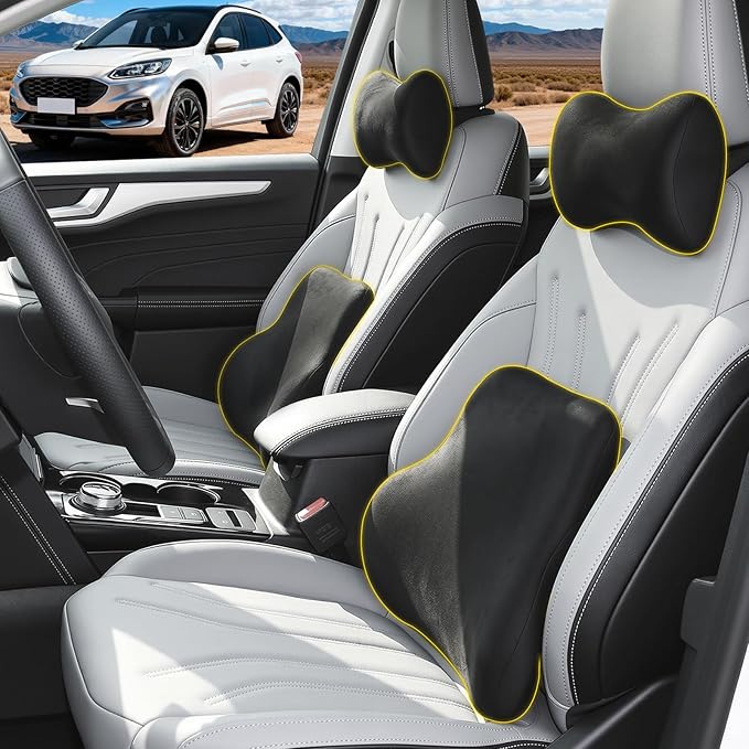 Car Neck & Lumbar Support Pillow Set for Ford Escape, Soft Memory Foam Headrest & Back Cushion, Ergonomic Comfortable Seat Support for Daily Driving and Long Trips Car Interior Accessories