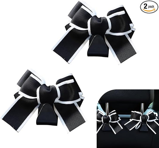 2 PCS Car Seat Headrest Hooks, Cute Bow Back Seat Storage Hangers for Handbag Purse Coat, Universal Auto Organizer Hooks (Black Line)