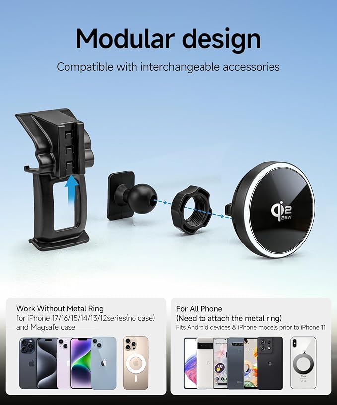 Qi2.2 Max 25W Fast Wireless Car Charger Phone Holder for 2016-2021 Honda Civic Accessories, 360° Rotation Phone Mount Compatible with MagSafe, Cell Phone Holder Does Not Affect Air Vent
