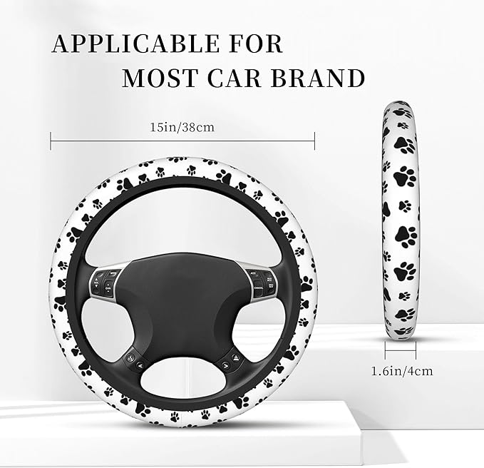 Cat Dog Paw Print Car Steering Wheel Cover, Non-Slip Absorbing Sweat Car Wheel Cover Accessories for Men Women,Universal 15" Fit Auto SUV Vans Trucks