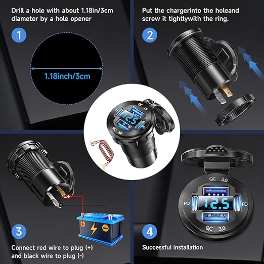 12V USB Charger with 4 Ports, Upgraded Aluminum Alloy Car Outlet with LED Voltmeter Display, for 12/24V Car Golf Cart Boat Marine Bus Truck RV Marine Motorcycle etc. (2PC)