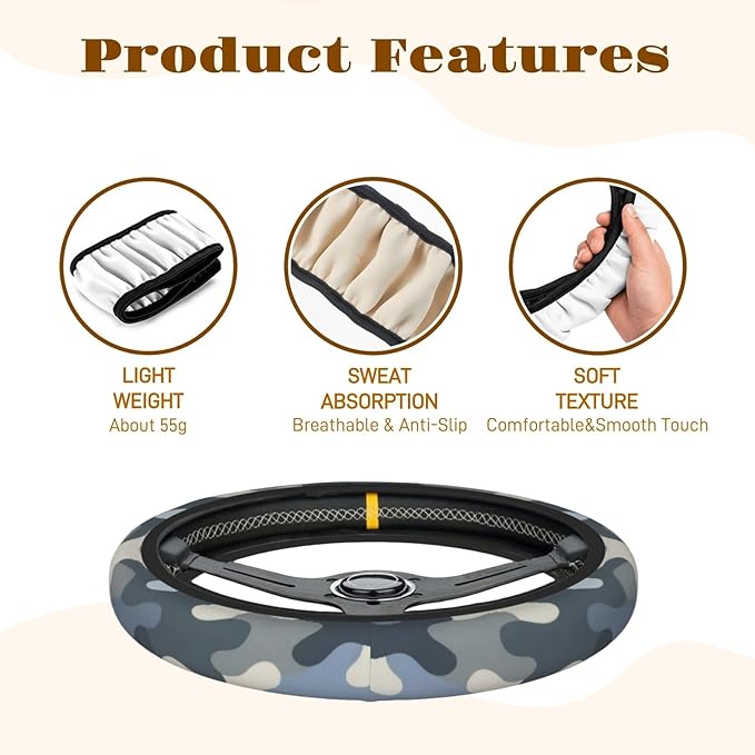 Steering Wheel Cover Accessories Neoprene Cover, Breathable Non-Slip Easy to Install Suitable for Women Men, 14.5-15.5 Inch for Car SUV Van Truck Universal - Camouflage