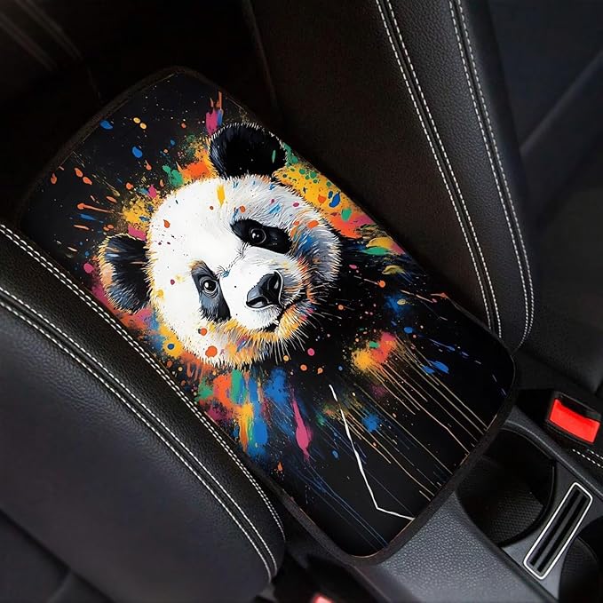 Suobstales Paint Splatter Panda Print Car Armrest Pad Soft Center Console Arm Rest Protector Cover Universal Car Interior Accessories Decoration