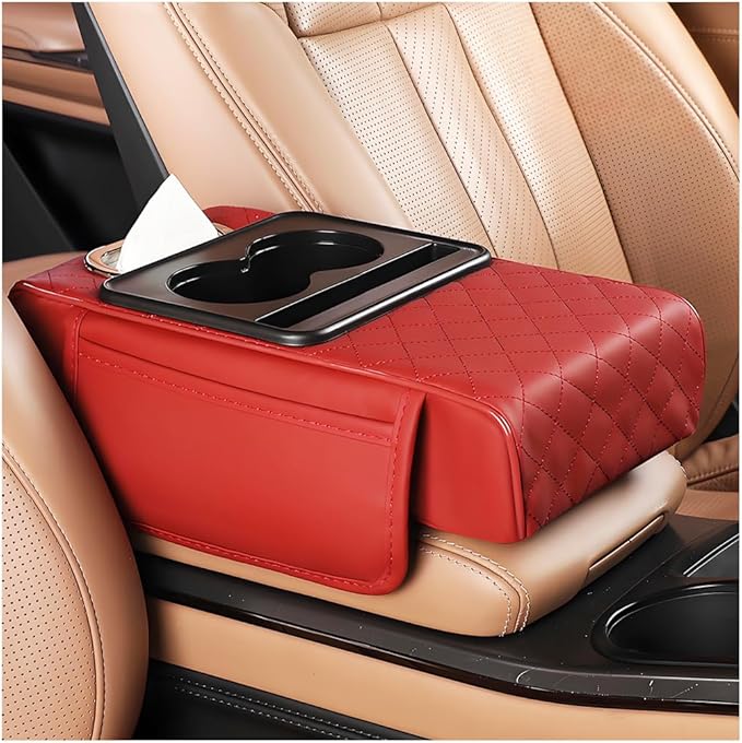 Car Armrest Cushion, 5-in-1 Nappa Leather Vehicle Centre Console Cover with 2 Storage Pockets, Cup Phone & Phone Holder, Multifunctional Auto Organiser Accessories, Universal Fit (Wine Red)