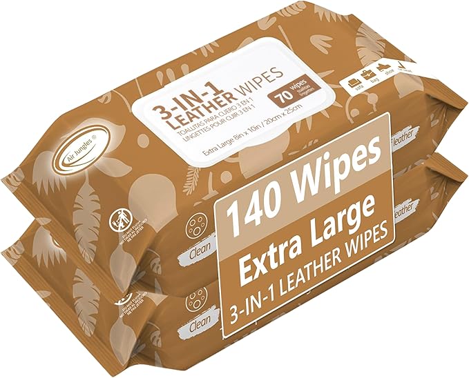 Air Jungles 3in1 Leather Wipes 140 Count, Extra Large 8" x 10" Size, Clean Condition Protect Wipes for Vinyl and Leather Apparel Furniture Auto Car Interior Shoes Boots Bags