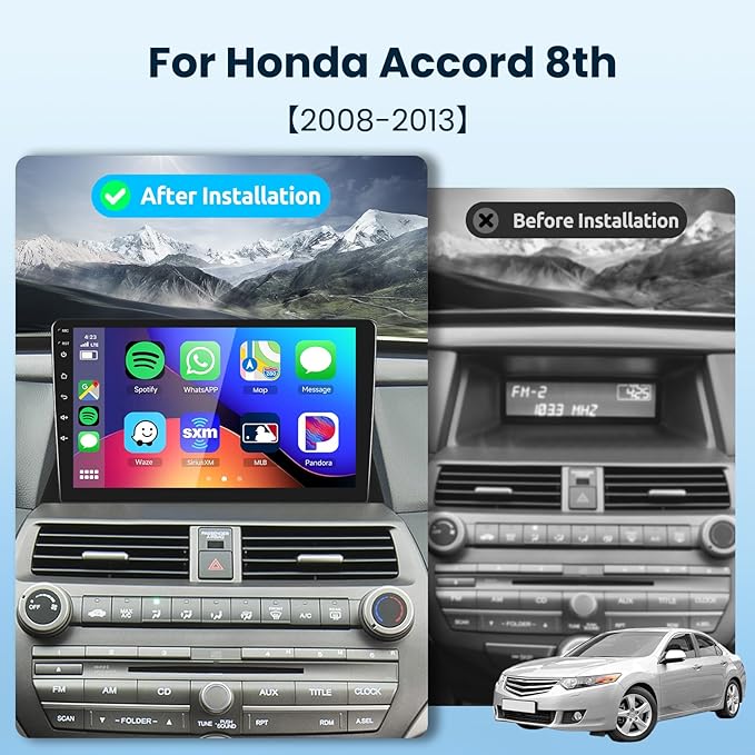 2G+64G Car Stereo Radio for Honda Accord 8th 2008-2013 with Wireless Carplay Android Auto, 10.1 inch Touch Screen Head Unit, Android 13/HiFi Audio/GPS Navi/WiFi/Bluetooth/SWC/HD Backup Camera