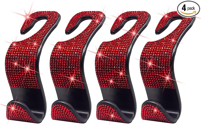 Car Purse Hook Bling Car Headrest Hook for Women Girls, 4 Packs Auto Back Seat Hangers Rear Headrest Hooks for Purse, Bag, Handbag, Grocery (Red)
