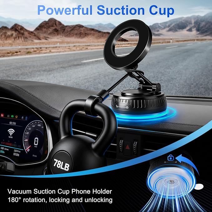 Magnetic Phone Holder for Car, Vacuum Suction Phone Mount Magnet Cell Phone Holder, 360° Rotation Foldable Windshield Dashboard Phone Holder Car Mount, Compatible with Magsafe iPhone & All Smartphones