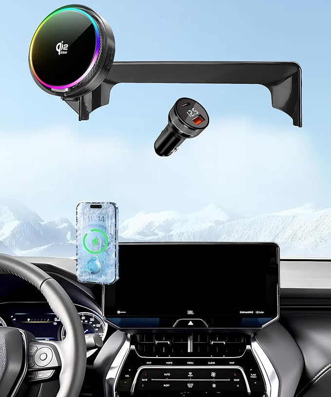 Qi2.2 25W Magnetic Car Mount Charger for Toyota Venza 2021 2022 2023 2024 Accessories, for Fast Charging Cell Phone Holder 12.3 Inch Screen Fixed Clip with Cooling Fan＆54W Fast Adapter