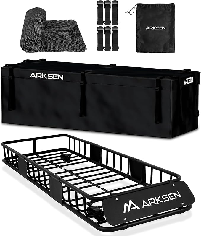 ARKSEN Skinny Roof Rack 64"x23"x6" Cargo Carrier with Waterproof Bag & Anti-Slip Mat, Heavy Duty Weather Resistant Top Mount Cargo Basket, Luggage Camping Gear Storage for Car, Truck or SUV Transport