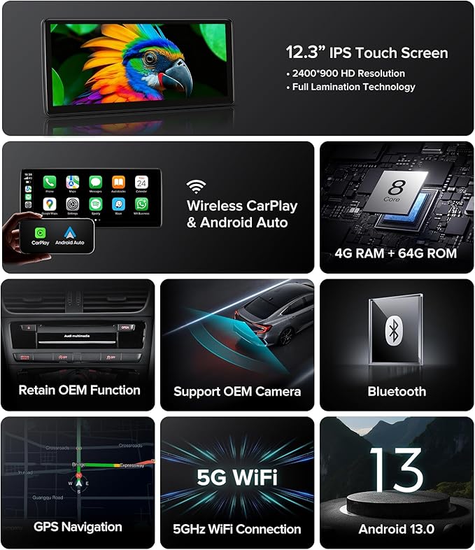 12.3" Android 13 Car Stereo CarPlay for Audi Q5 SQ5 8R (2009-2017) with MMI 3G Multimedia System-4G+64G Radio Upgrade, Wireless CarPlay Android Auto, 2400x900 Blue-Ray IPS Screen, Retains OEM Knob
