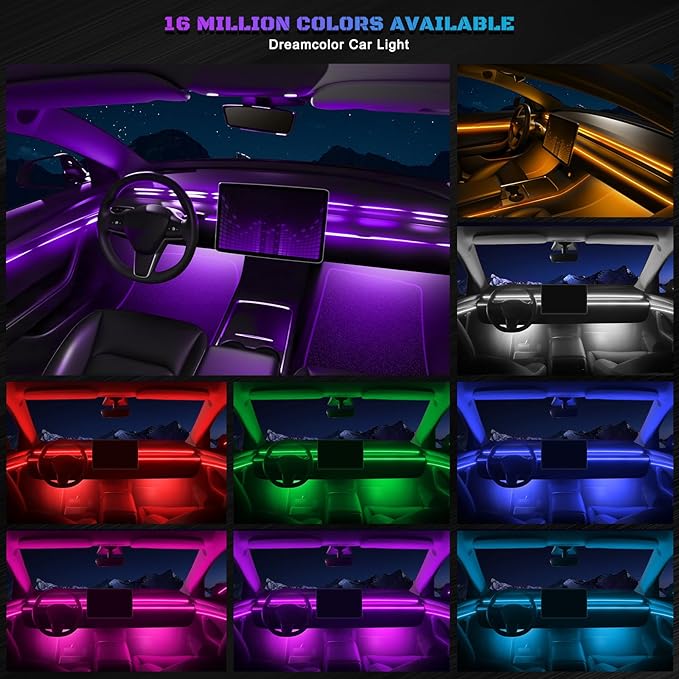 RGB Acrylic Interior Car LED Strip Light with Wireless APP, 10 in 1 with 175 inches 593 LEDs Neon LED Strip Light, 16 Million Colors Dynamic Music Sync Car Ambient Lighting Kits