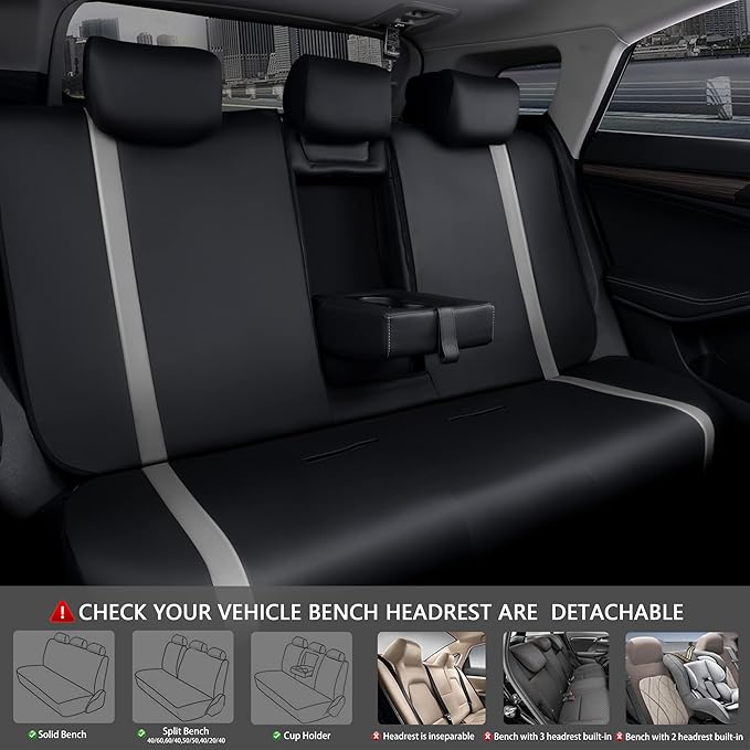 CAR PASS Universal Leather Car Seat Covers Full Set, Waterproof Durable PU, Airbag SRS, 2zipper in Rear, Faux Leather Seat Covers 5 Seats Fit for SUV Pick-up Truck Vehicle Black with Grey