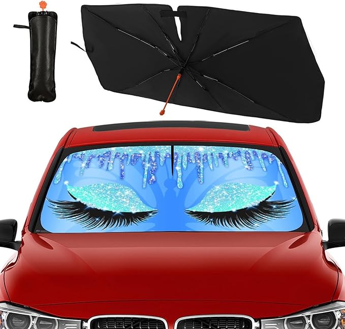 Socira Gorgeous Eyelash Car Windshield Sunshade Umbrella Foldable Visor Umbrella Sun Shade Cover Sunshade Front Window Cover Car Accessories Blocks Uv Rays (57" X 30")
