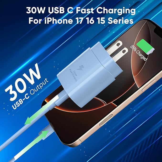 iPhone 16 15 Charger Fast Charging, 30W USB C Charger Block 10FT Cable for iPhone 15 16 Plus Pro Max/iPad Pro/AirPods, PD USBC Power Adapter Wall Plug with Extra Long Type C to C Cord (Blue, 10FT)