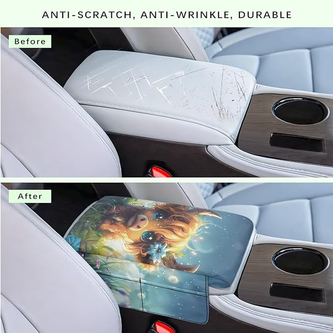 Wanyint Cute Highland Cow Auto Center Console Armrest Cover Arm Rest Seat Box Pad Protector with Side Storage Pocket Middle Console Pad for Car Storage Box Car Interior Accessories