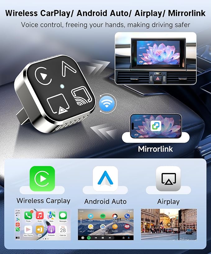 VQU 4 in 1 Wireless CarPlay Adapter for iPhone & Android Auto Adapter, 2026 Upgrade Plug & Play USB C Dongle, Convert Wired to Wireless CarPlay & Android Auto, AirPlay & Miracast Screen Mirroring
