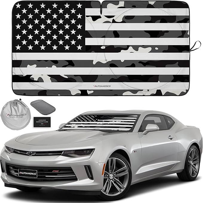 Autoamerics 1-Piece Windshield Sun Shade B&W Camo American Flag USA Design - Foldable Car Front Window Sunshade for Most Sedans SUV Truck - Blocks Max UV Rays and Keeps Your Vehicle Cool - Small