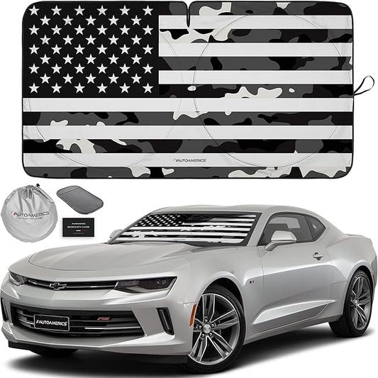 Autoamerics 1-Piece Windshield Sun Shade B&W Camo American Flag USA Design - Foldable Car Front Window Sunshade for Most Sedans SUV Truck - Blocks Max UV Rays and Keeps Your Vehicle Cool - Small