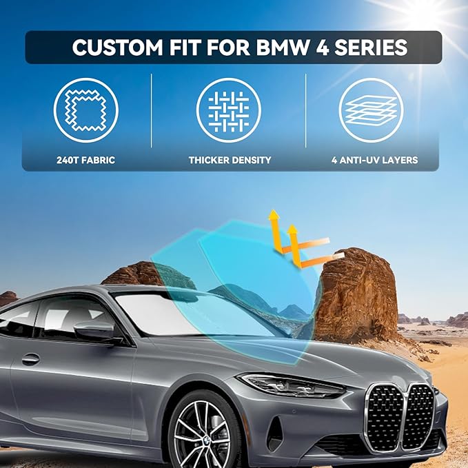 Windshield Sun Shade for BMW 4 Series 2021-2025 2026 430i 440i i4 m4 330i - 4 Layers for Front Windows Shade Cover Custom Fit 4 Series Sun Visor 250T Retractable Shade Blocks UV Rays Car Accessories
